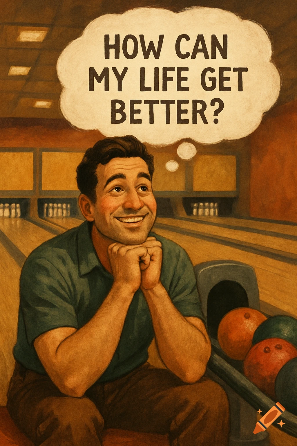 An illustrated man sits in a bowling alley with a thought bubble saying 'HOW CAN MY LIFE GET BETTER?'