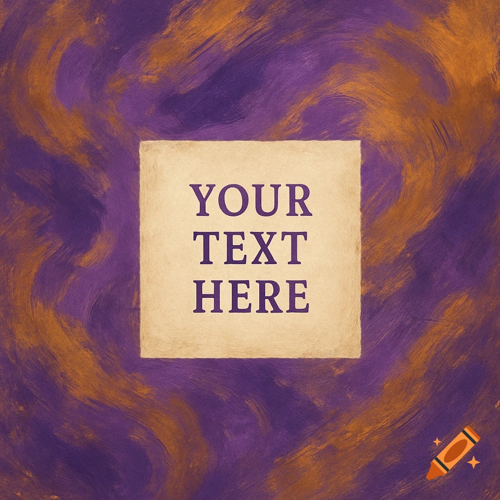 Abstract purple and gold textured background with a square text placeholder that says 'YOUR TEXT HERE'.
