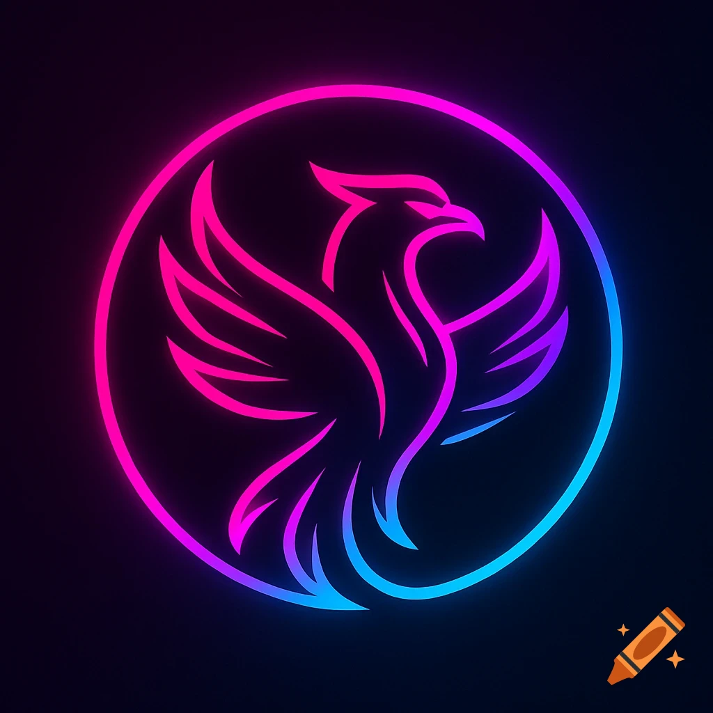 A neon outline of a phoenix inside a circle, glowing in pink, purple, and blue against a dark background.