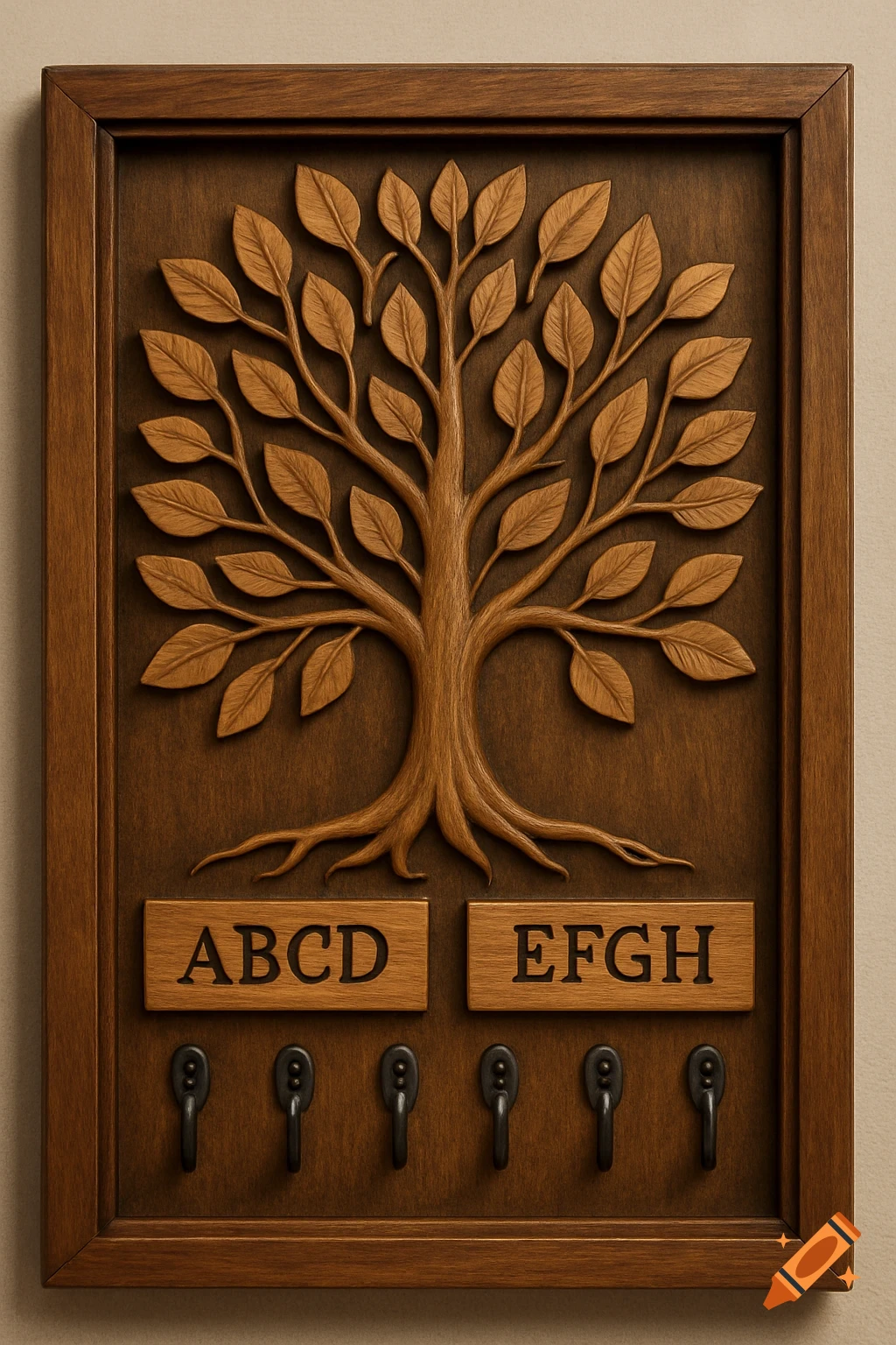 Wooden key holder with carved tree of life, ABCD and EFGH labels, and five key hooks.