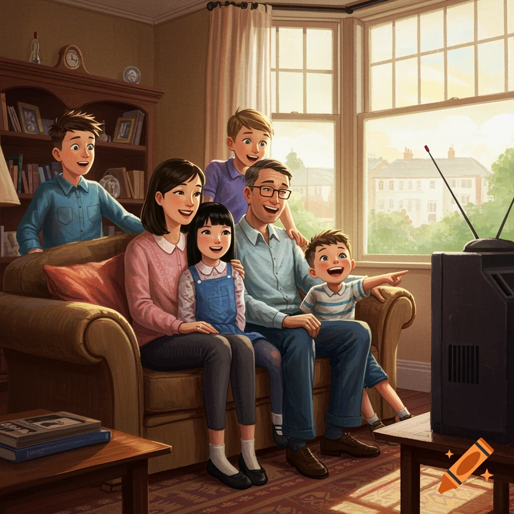A family watches television together in a living room.