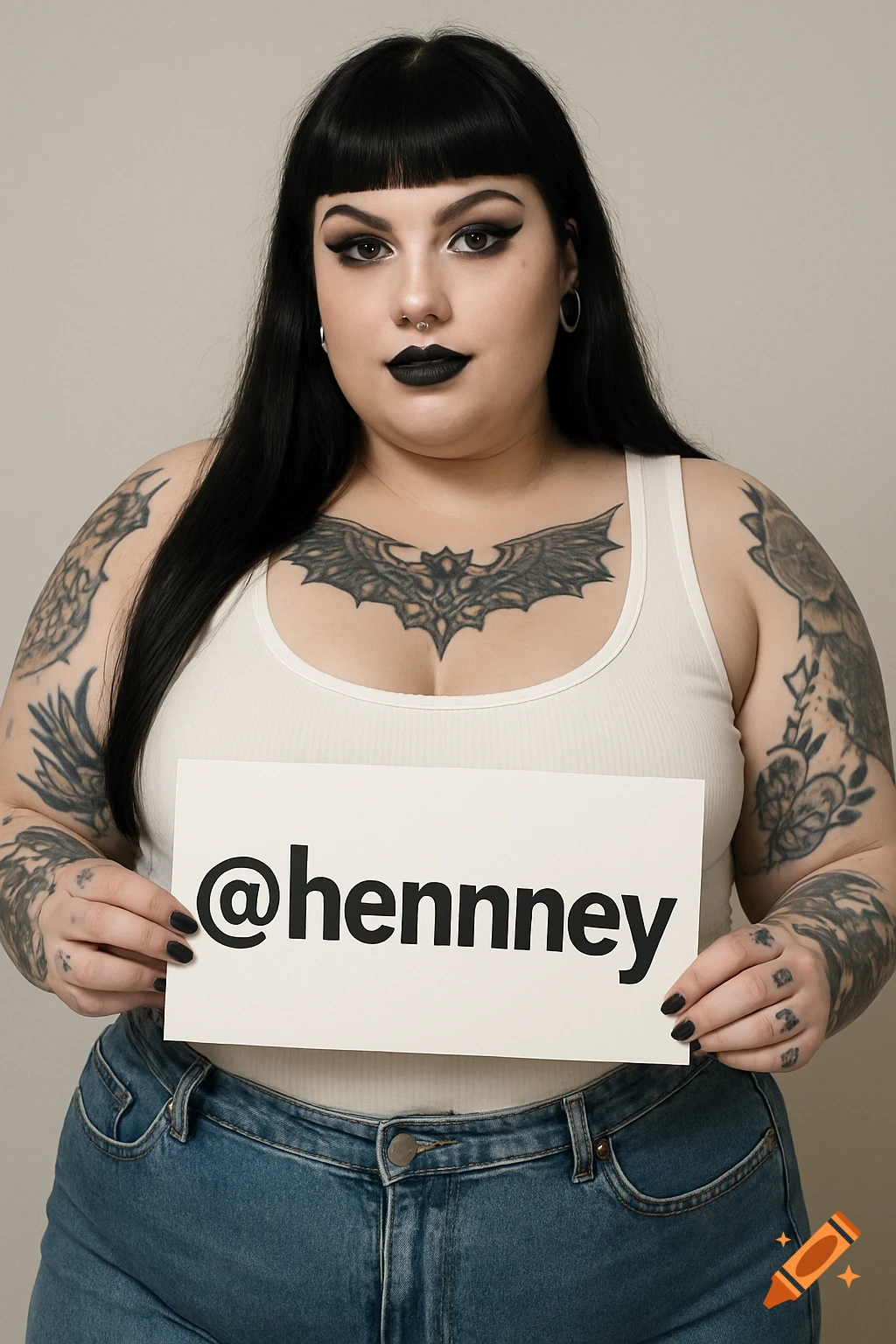 A plus-sized goth woman with tattoos holds a sign that says @hennney.