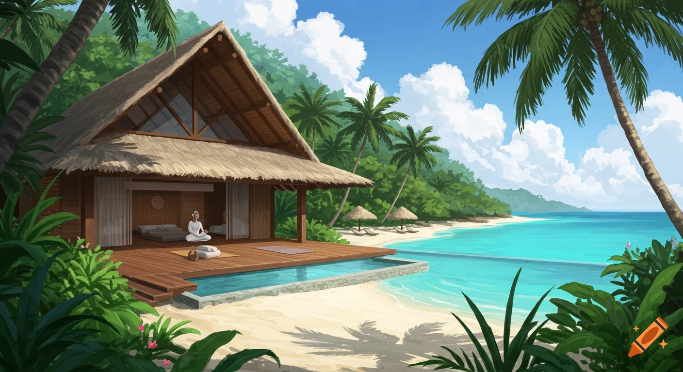 Illustration of a person meditating on a deck at a tropical beach resort with a pool, palm trees, and turquoise water.