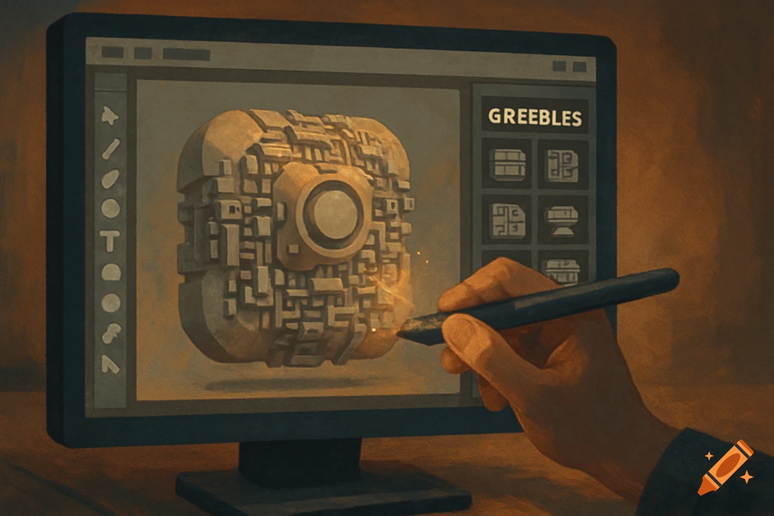 Hand uses stylus on computer screen displaying a 3D object in design software.
