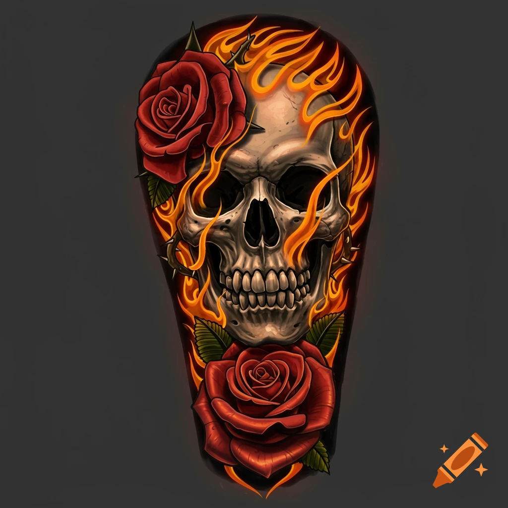Stylized tattoo design featuring a skull surrounded by flames and red roses.