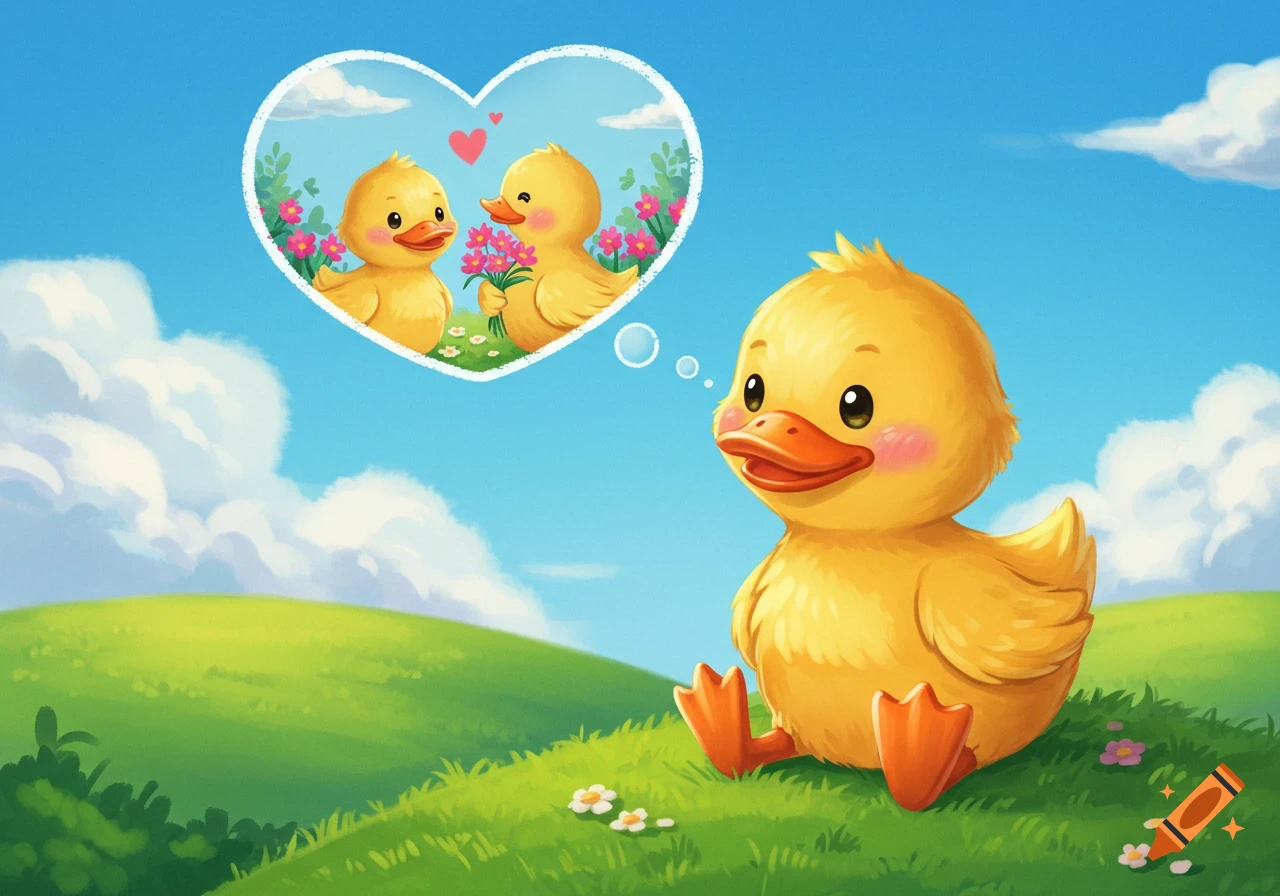 Cute cartoon duck sits on a green hill, daydreaming of two other ducks holding flowers in a heart bubble.