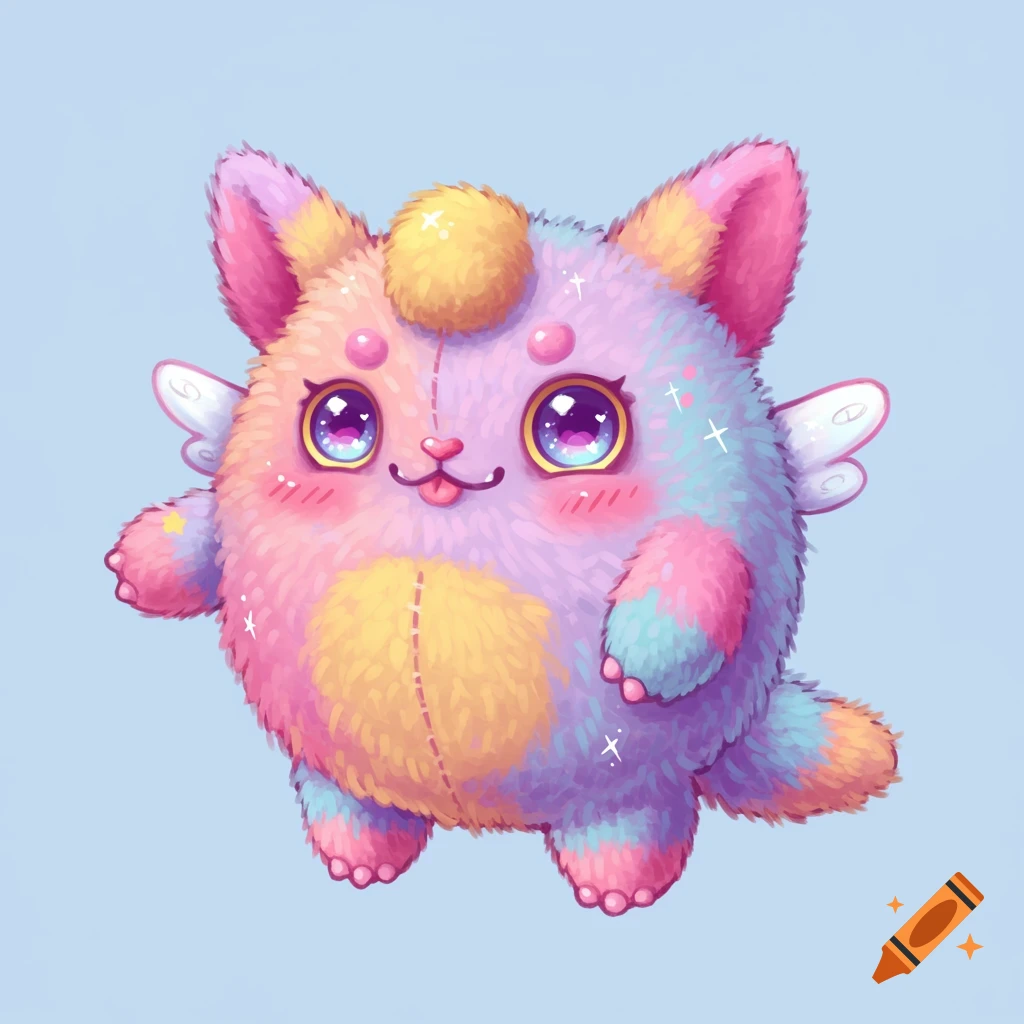 A cute, fluffy, pastel-colored creature with big eyes, small wings, and a cheeky smile floats in a light blue background.