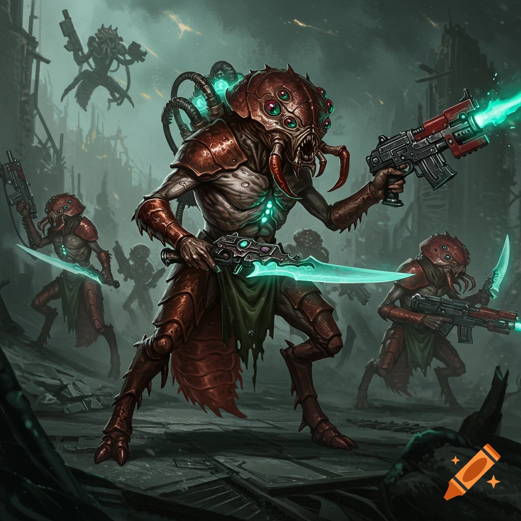 Warhammer 40k style art of crustacean-like alien soldiers with guns and swords in a destroyed city
