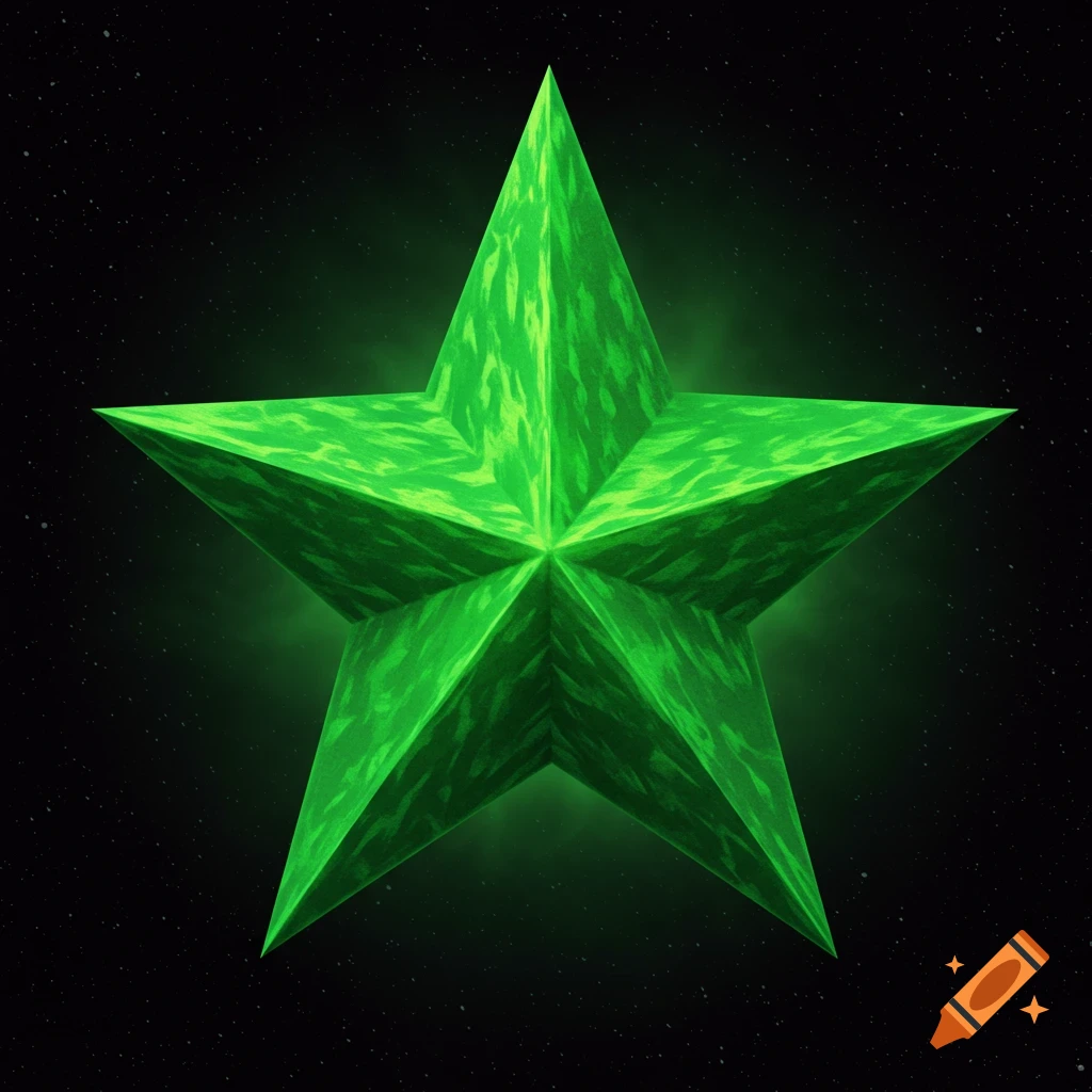 A geometric green star with a textured surface floats in space.