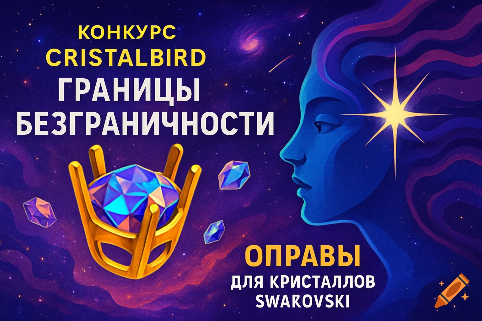 Stylized profile against a starry space background with crystals and a golden holder.