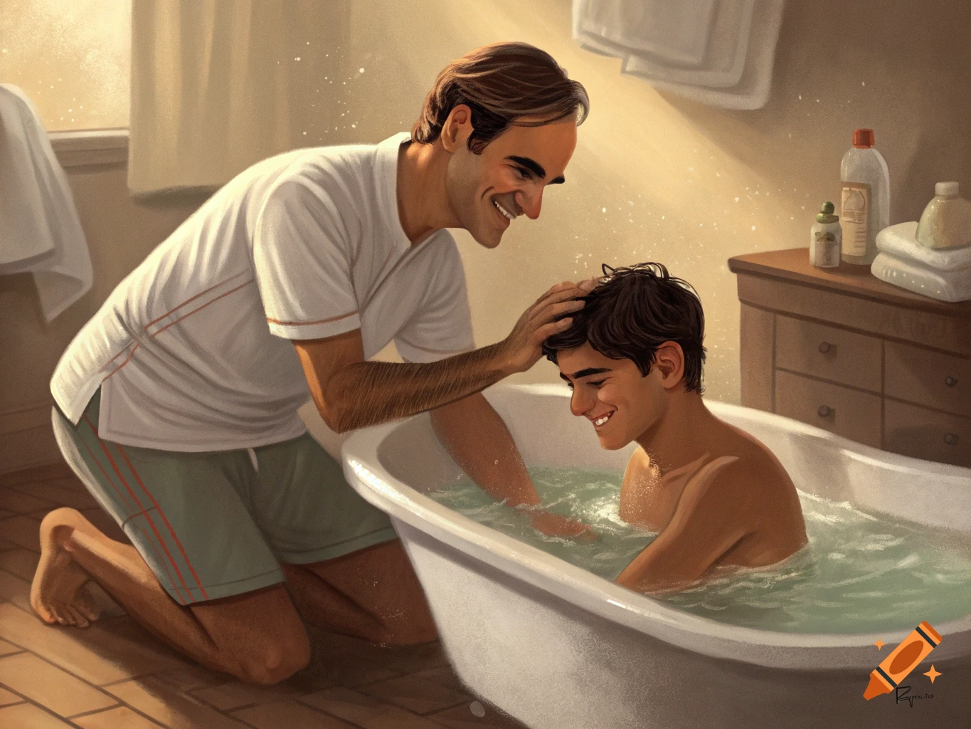 Painterly illustration of a man smiling, kneeling beside a bathtub and washing the hair of a young boy smiling in the water.