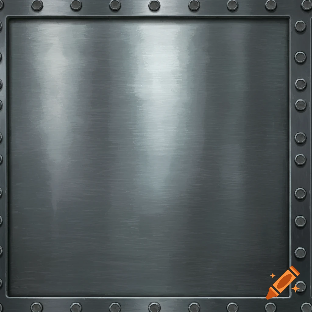 A close-up view of a metallic texture with visible scratches and a frame of bolts around the edge.