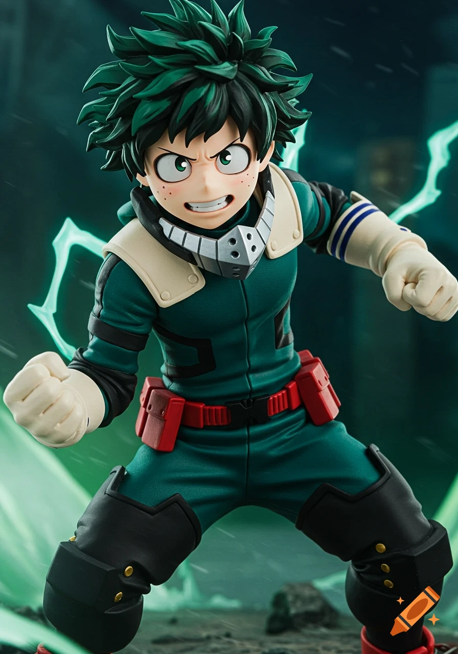Figure of Deku from My Hero Academia in hero costume with green lightning effects