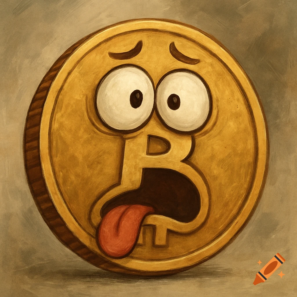 Cartoon gold Bitcoin coin with wide eyes and tongue sticking out.