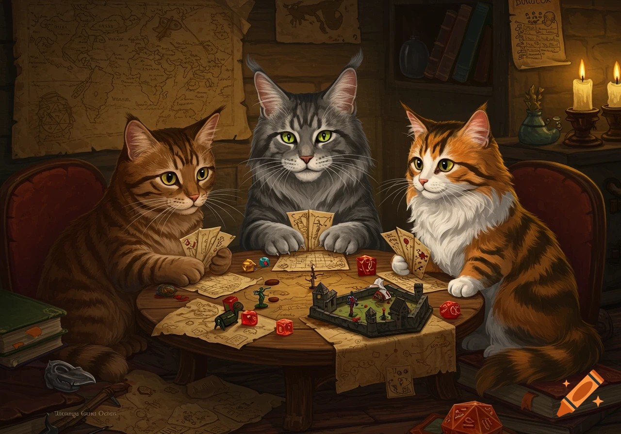 Three cats playing a tabletop roleplaying game with dice and miniatures.