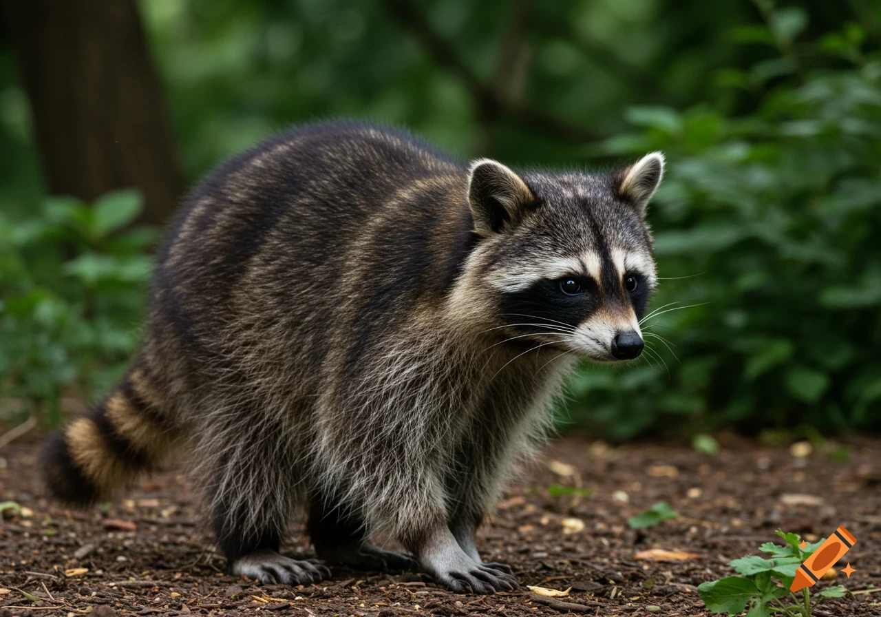Photorealistic image of a raccoon standing on the ground in a forest.