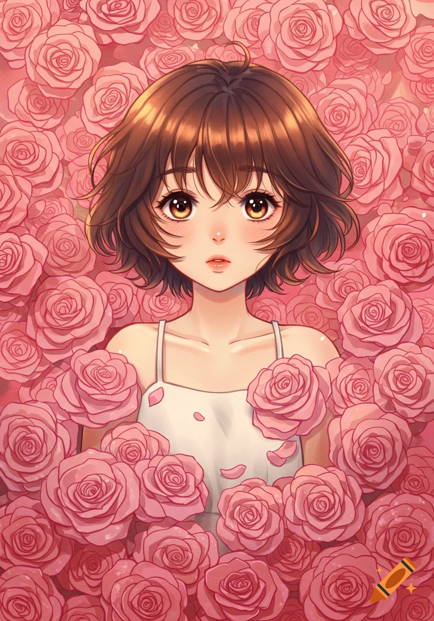 Anime girl with brown hair surrounded by pink roses