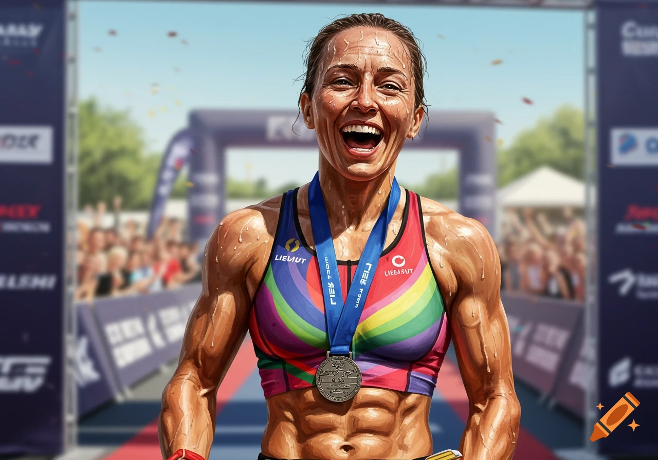 Triumphant female triathlete with medal at finish line