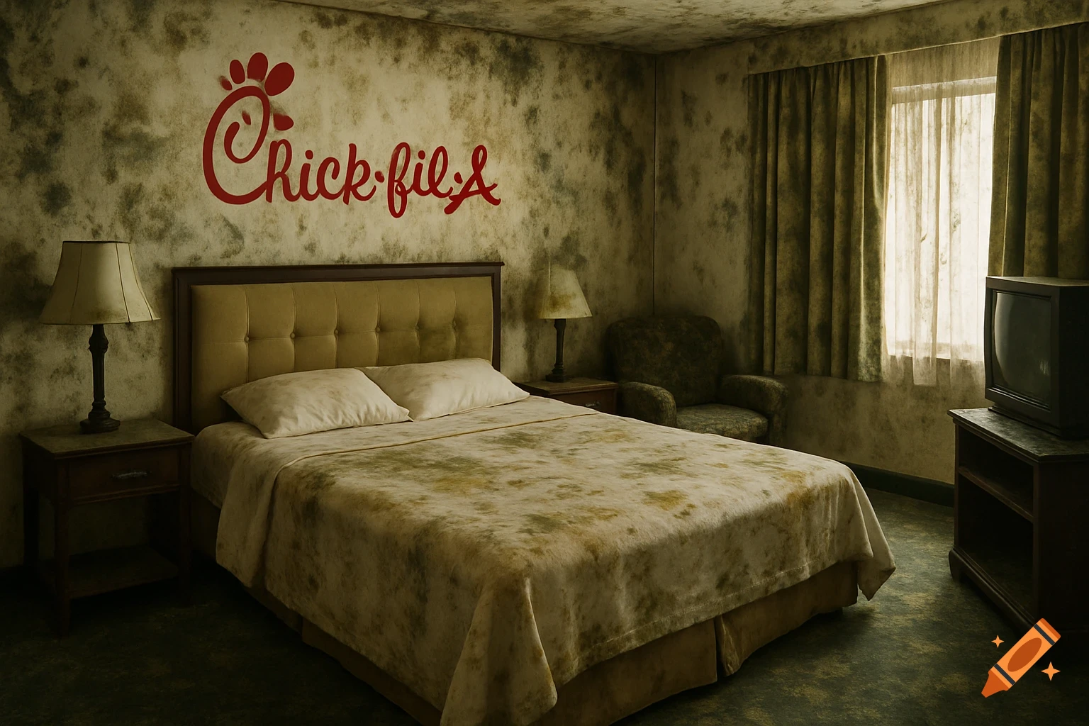 Moldy hotel room with a bed, chair, TV, and a Chick-fil-A logo on the wall.