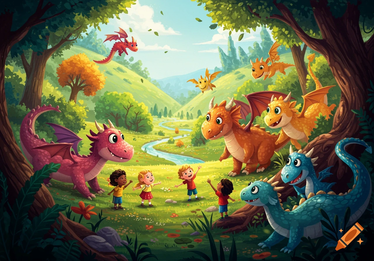 Children and friendly cartoon dragons playing in a lush fantasy valley illustration.