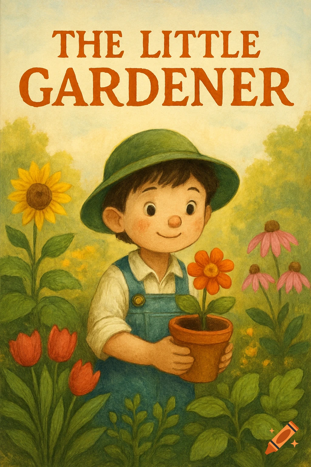 Painterly illustration of a child gardener holding a flower pot, surrounded by plants, with 'THE LITTLE GARDENER' title.