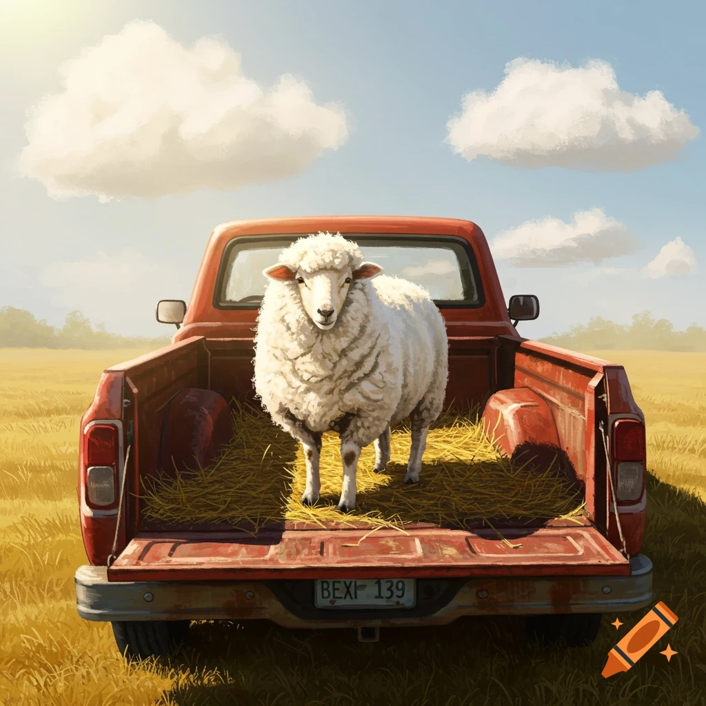 A sheep stands in the bed of a red pickup truck parked in a field.