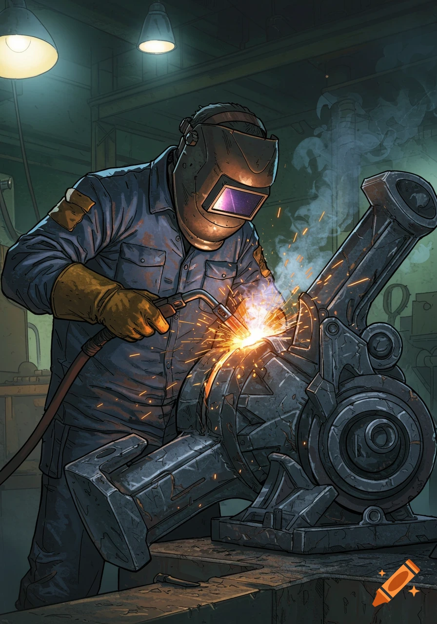 A person in a welding mask works on a large metal object in a workshop, in a comic book style.
