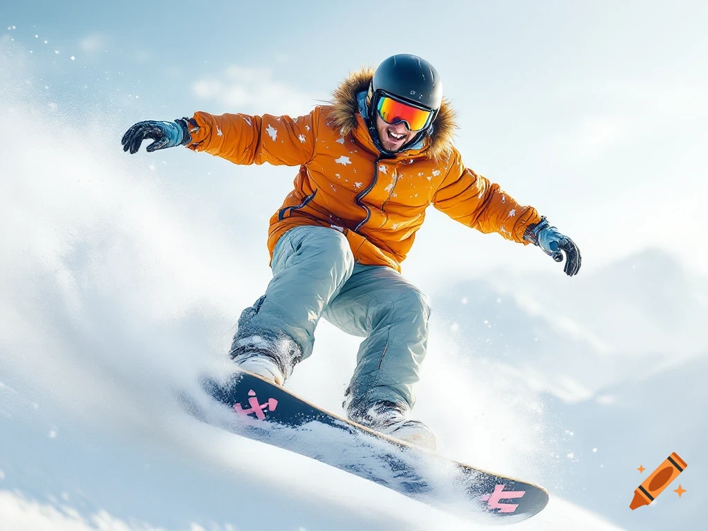 A person in an orange jacket and helmet jumps on a snowboard in the snow.