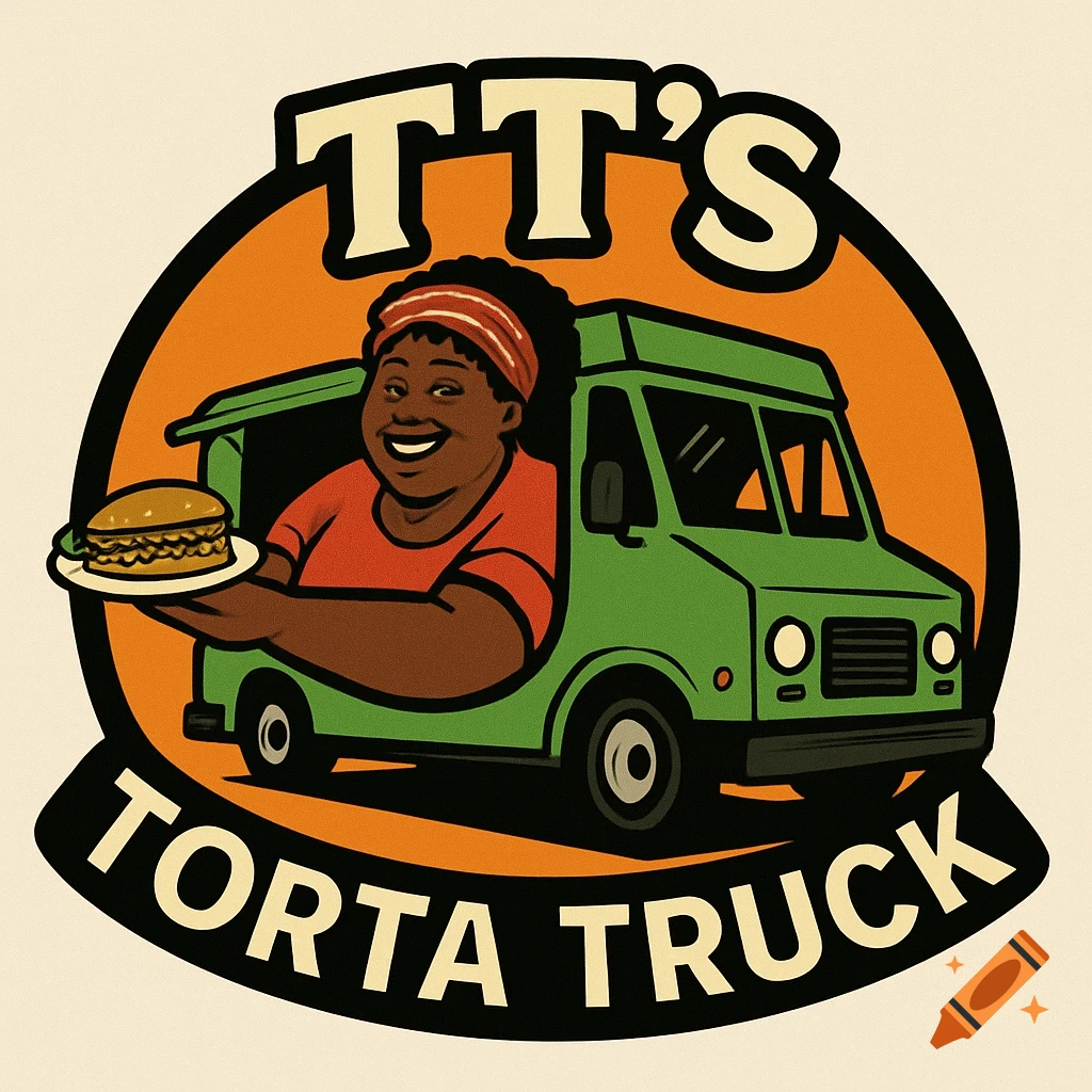 Cartoon logo for TT's Torta Truck, showing a person serving a burger from a green food truck.
