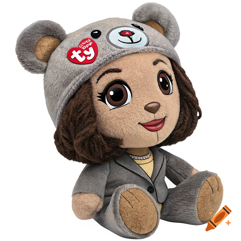Plush toy of Kamala Harris styled as a Beanie Baby, wearing a grey suit and bear hat, sitting.