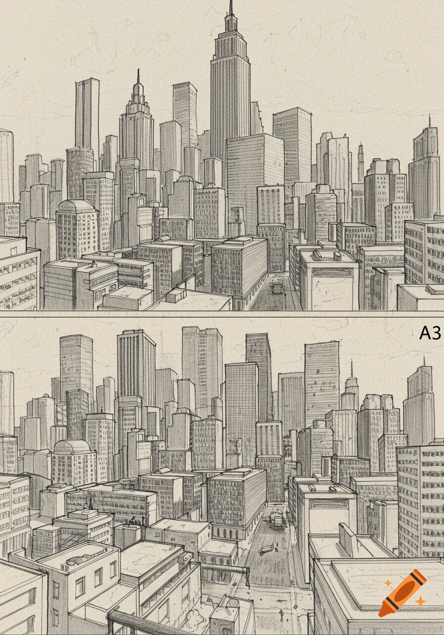 Pencil drawing of a dense urban city skyline from a high angle.
