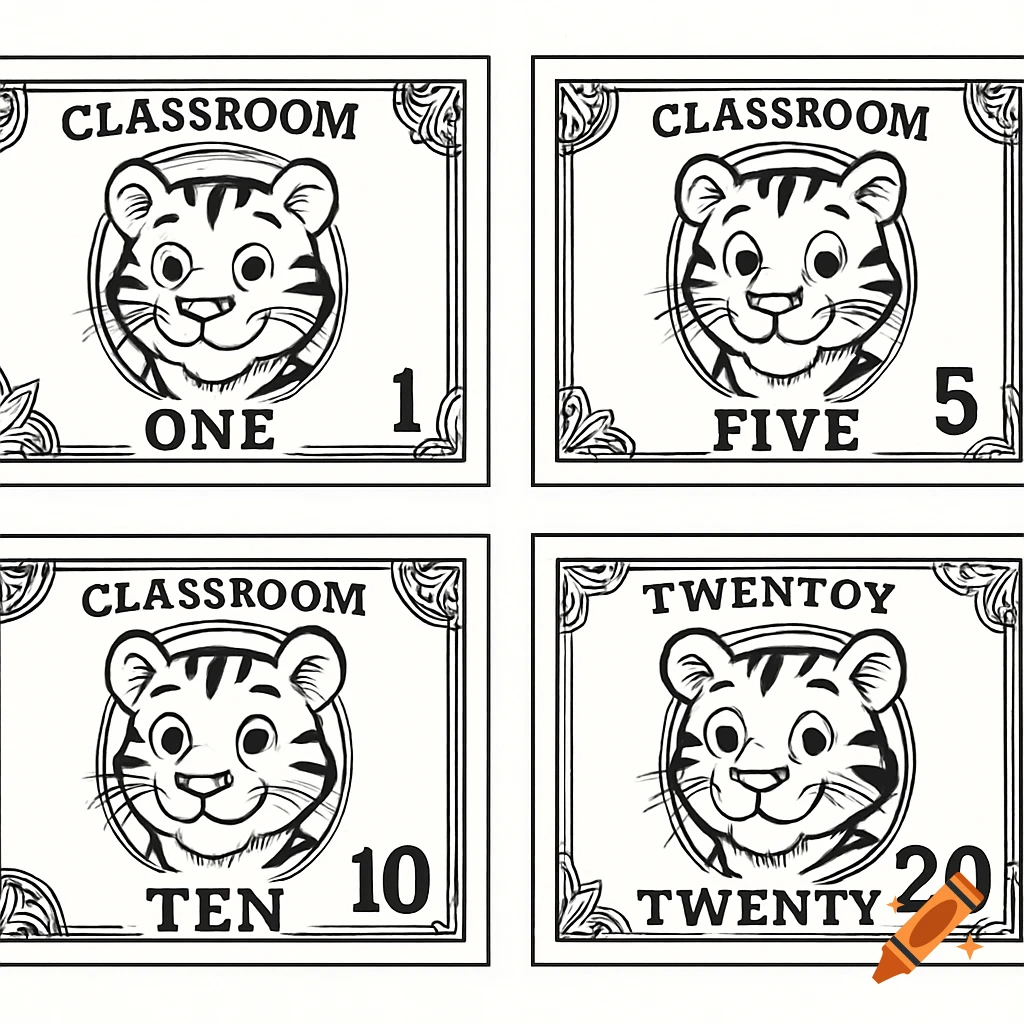 Four black and white classroom currency notes featuring a cartoon tiger face and numerical values.