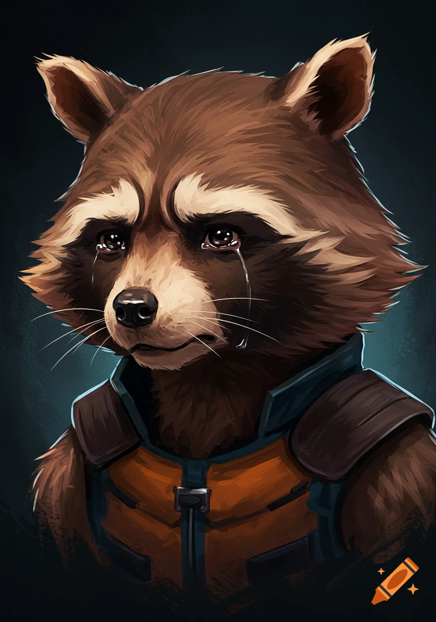 Close-up illustration of Rocket Raccoon crying.