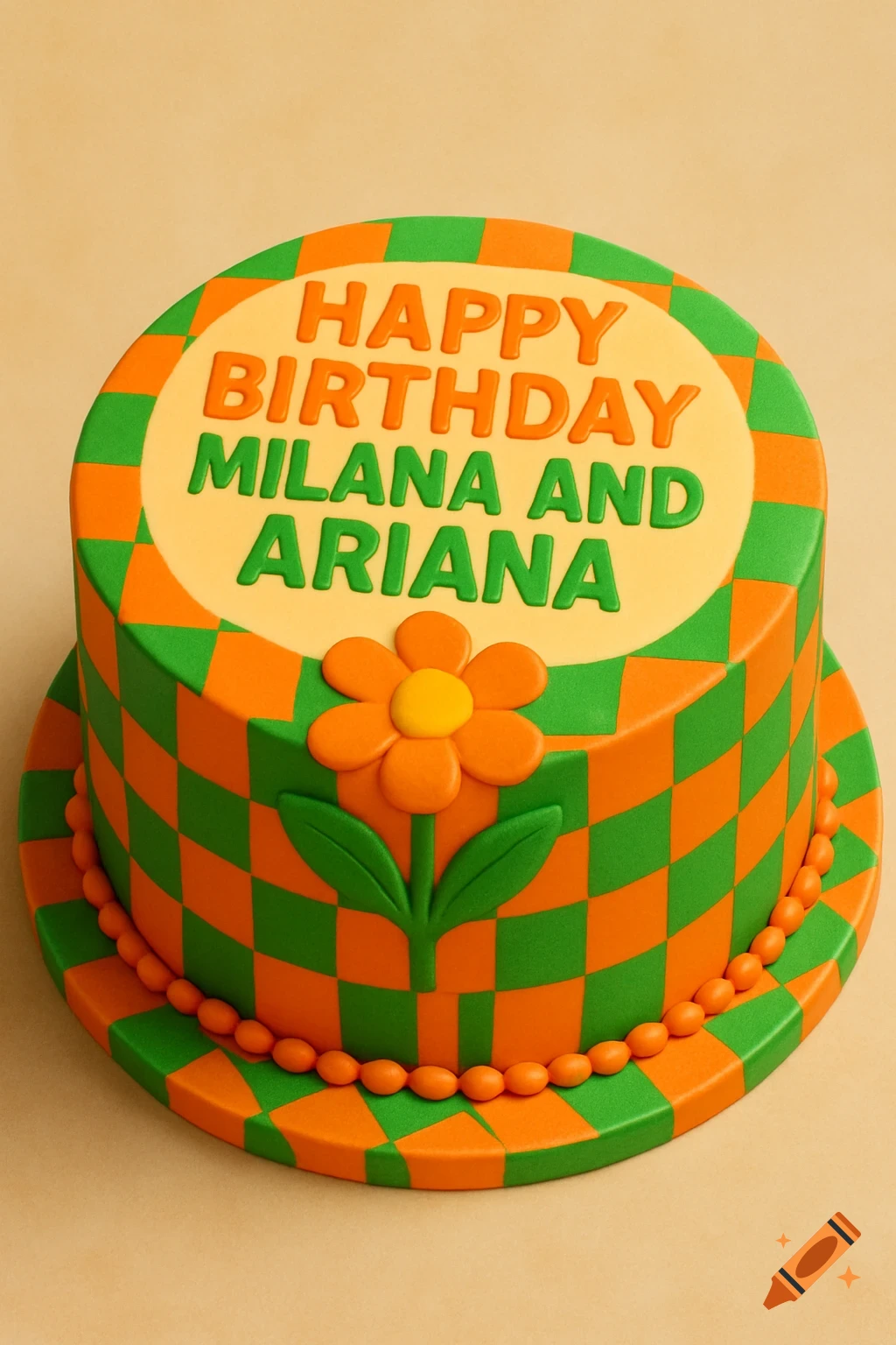 Realistic birthday cake with orange and green checkerboard pattern, orange flower, and 'Happy Birthday Milana and Ariana' text.