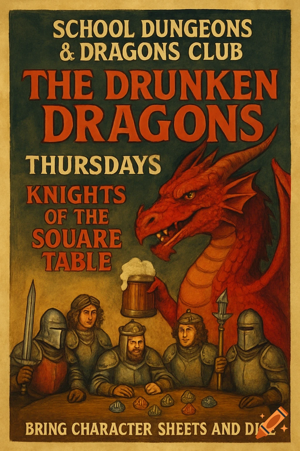 Poster for a Dungeons and Dragons club showing a dragon, knights, and game dice on a table.