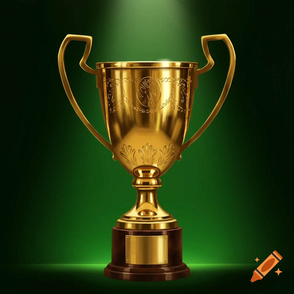 A golden trophy stands illuminated against a green background.