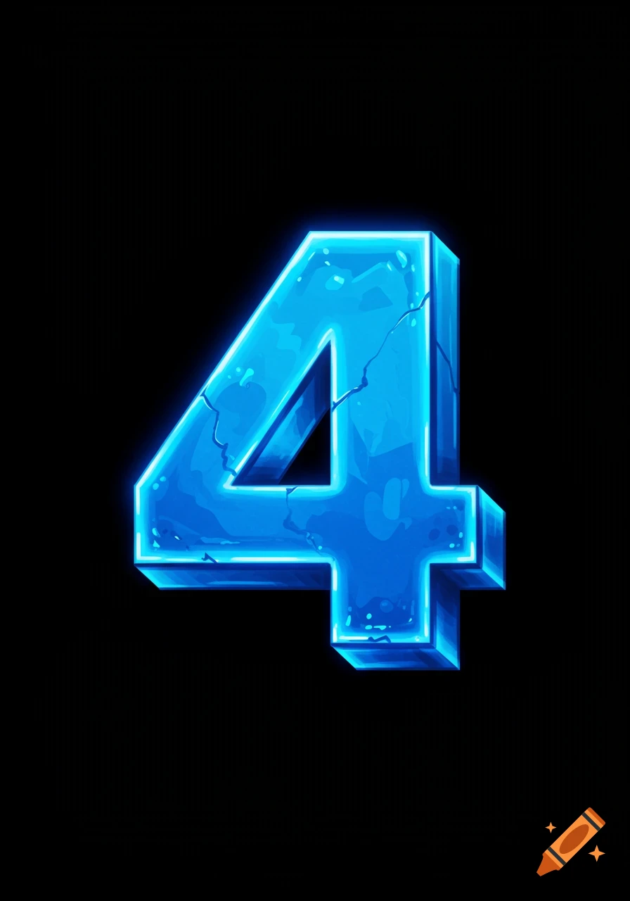 A stylized blue ice number 4 with cracks and a glowing outline on a black background.