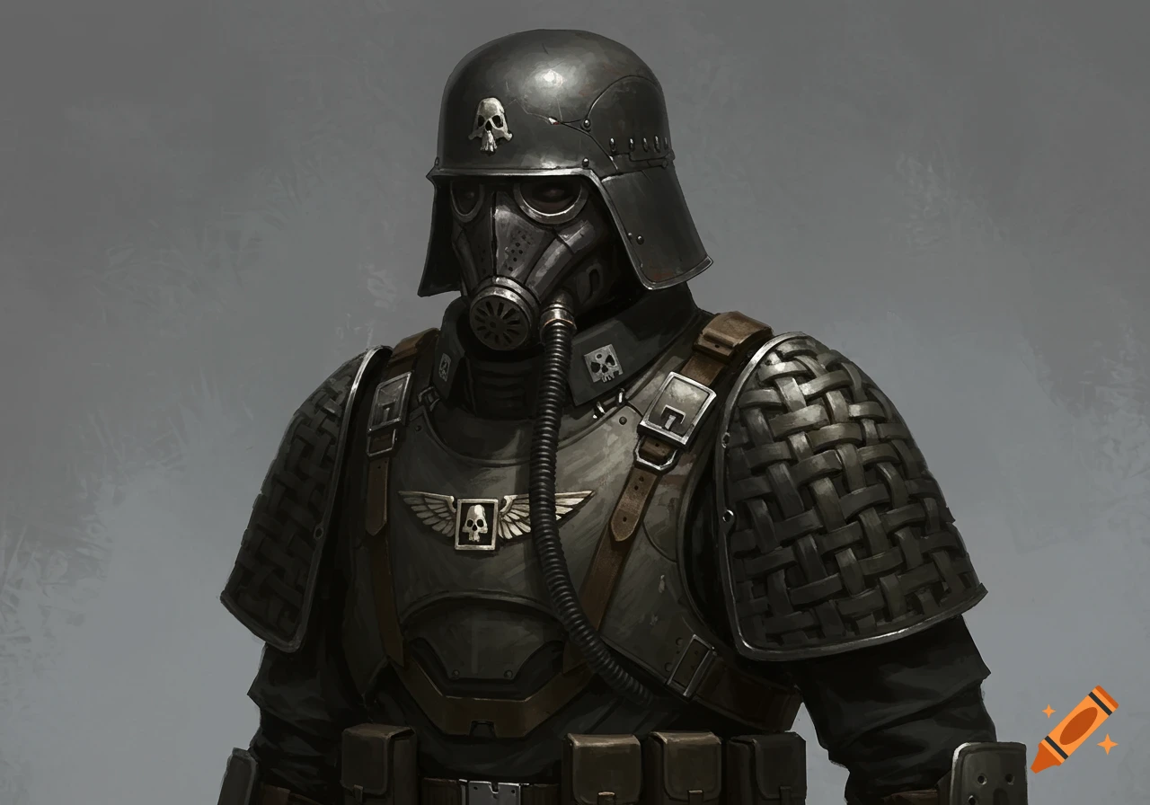 A sci-fi soldier in dark armor, helmet, and gas mask.