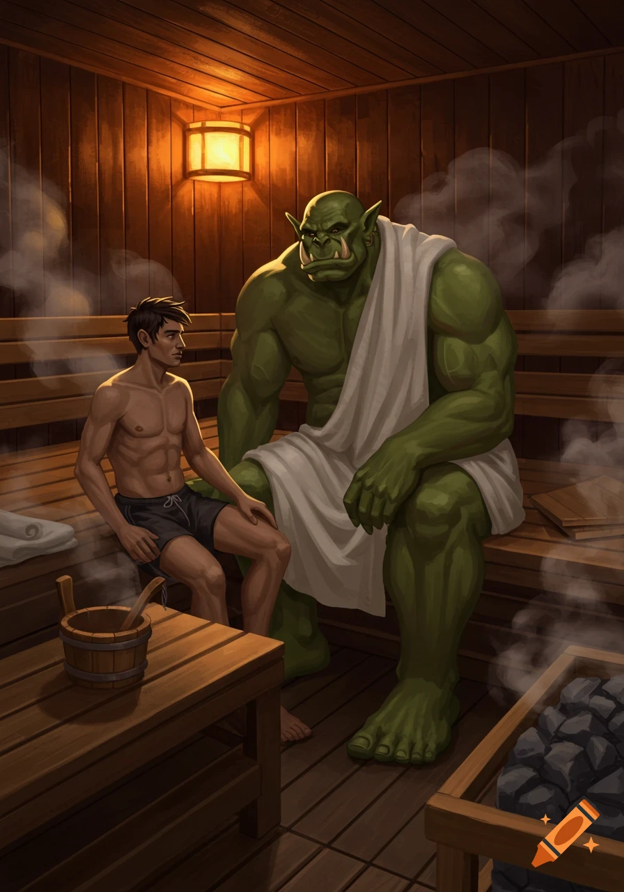 A human man and a large orc sit together on benches in a steamy sauna.