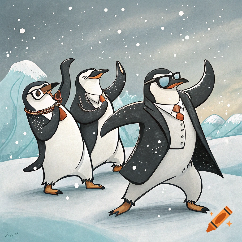 Three cartoon penguins in suits dance in the snow.