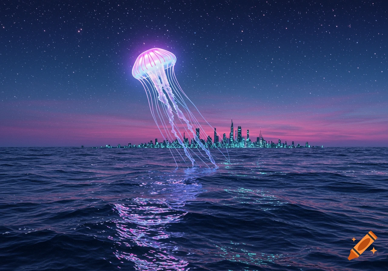 A glowing jellyfish floats above the ocean with a futuristic city skyline in the background at night under a starry sky.