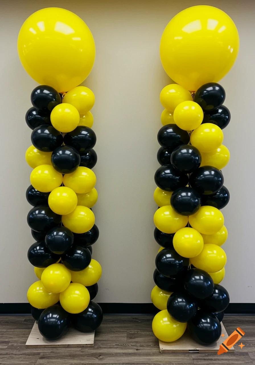 Two tall balloon columns made of black and yellow balloons, topped with large yellow balloons. Looks like a product photo.