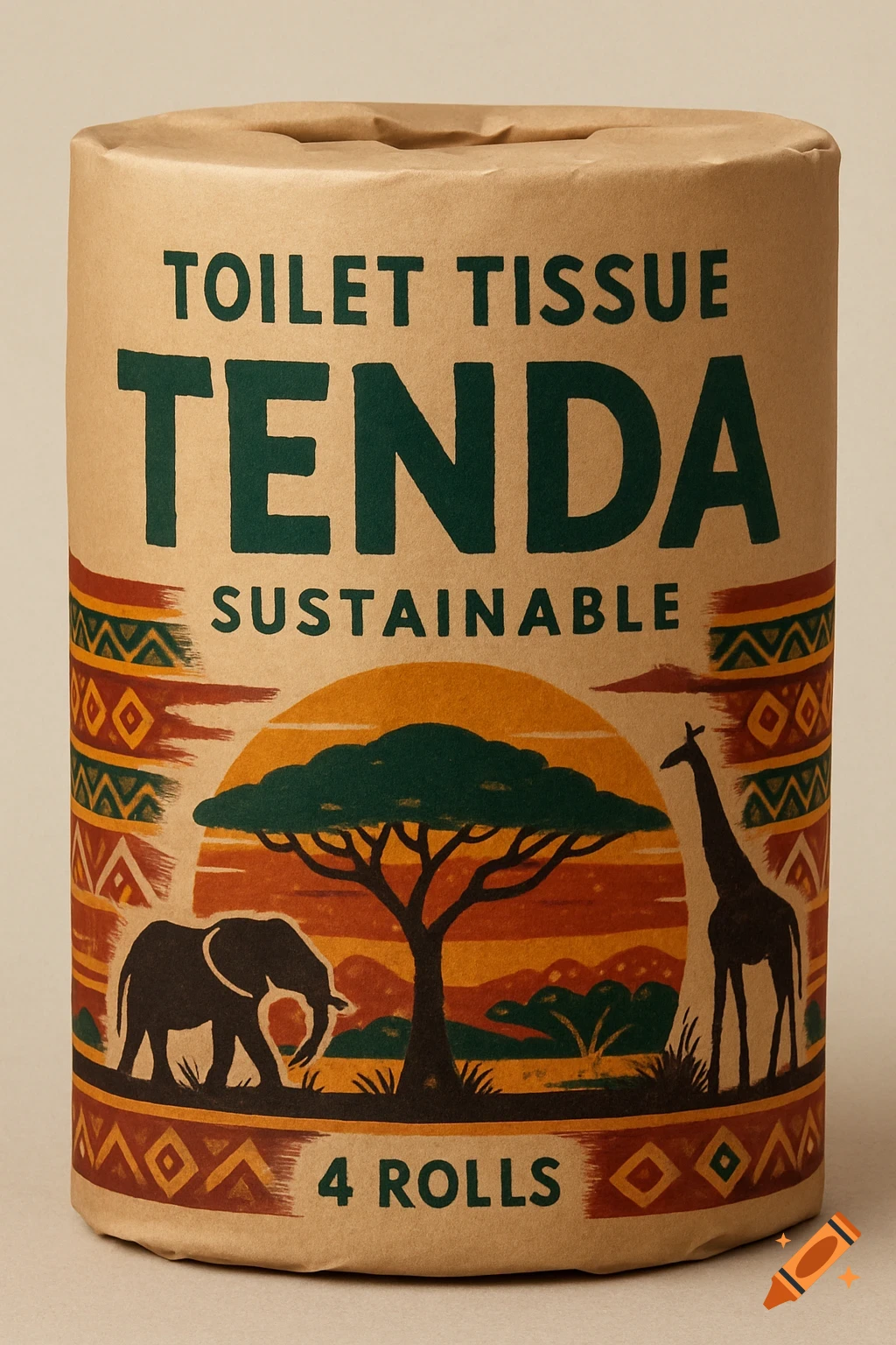 Toilet paper packaging for the brand Tenda with an African-themed design featuring an elephant, giraffe, acacia tree, and sunset pattern.