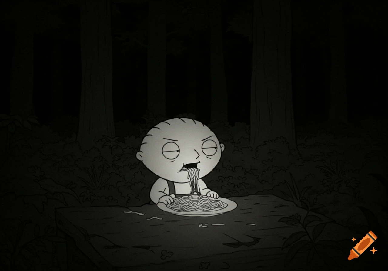 Stewie Griffin eating spaghetti in a dark forest, grainy night vision style.