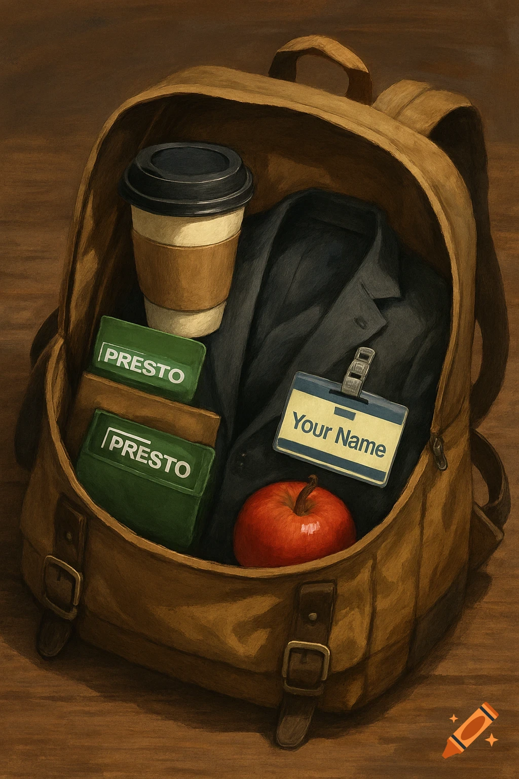 Still life illustration of an open backpack filled with a coffee cup, transit cards, a blazer, name tag, and an apple.
