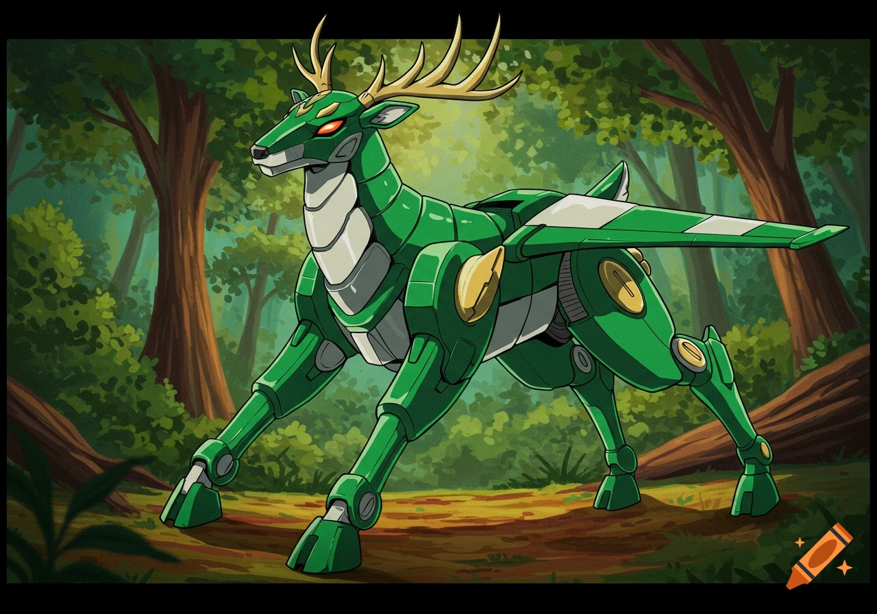 Green mechanical deer with wings stands in a forest, cartoon style.