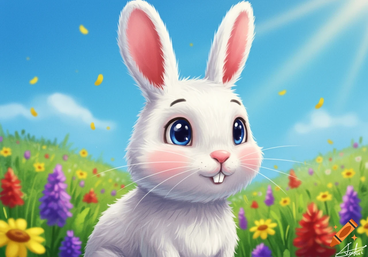 A cute white cartoon bunny with big blue eyes in a bright, sunny field of colorful spring flowers.