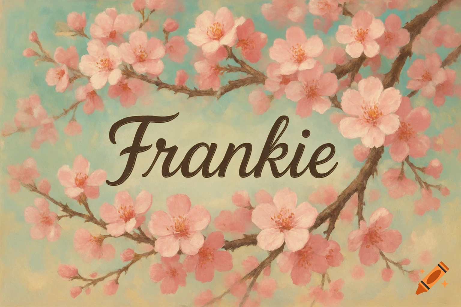 Pink cherry blossoms on branches with the name Frankie in a painterly style