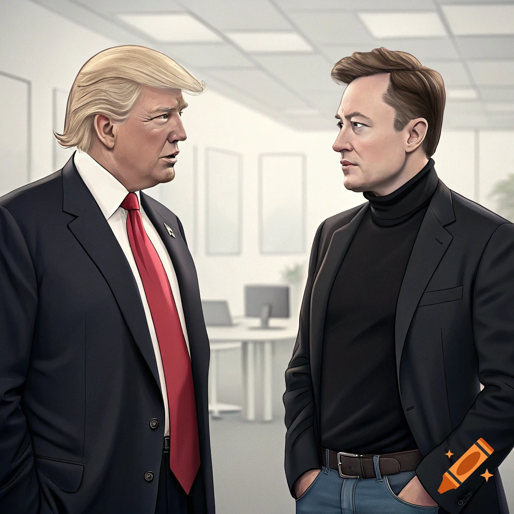 Stylized illustration of Donald Trump and Elon Musk looking at each other in an office.