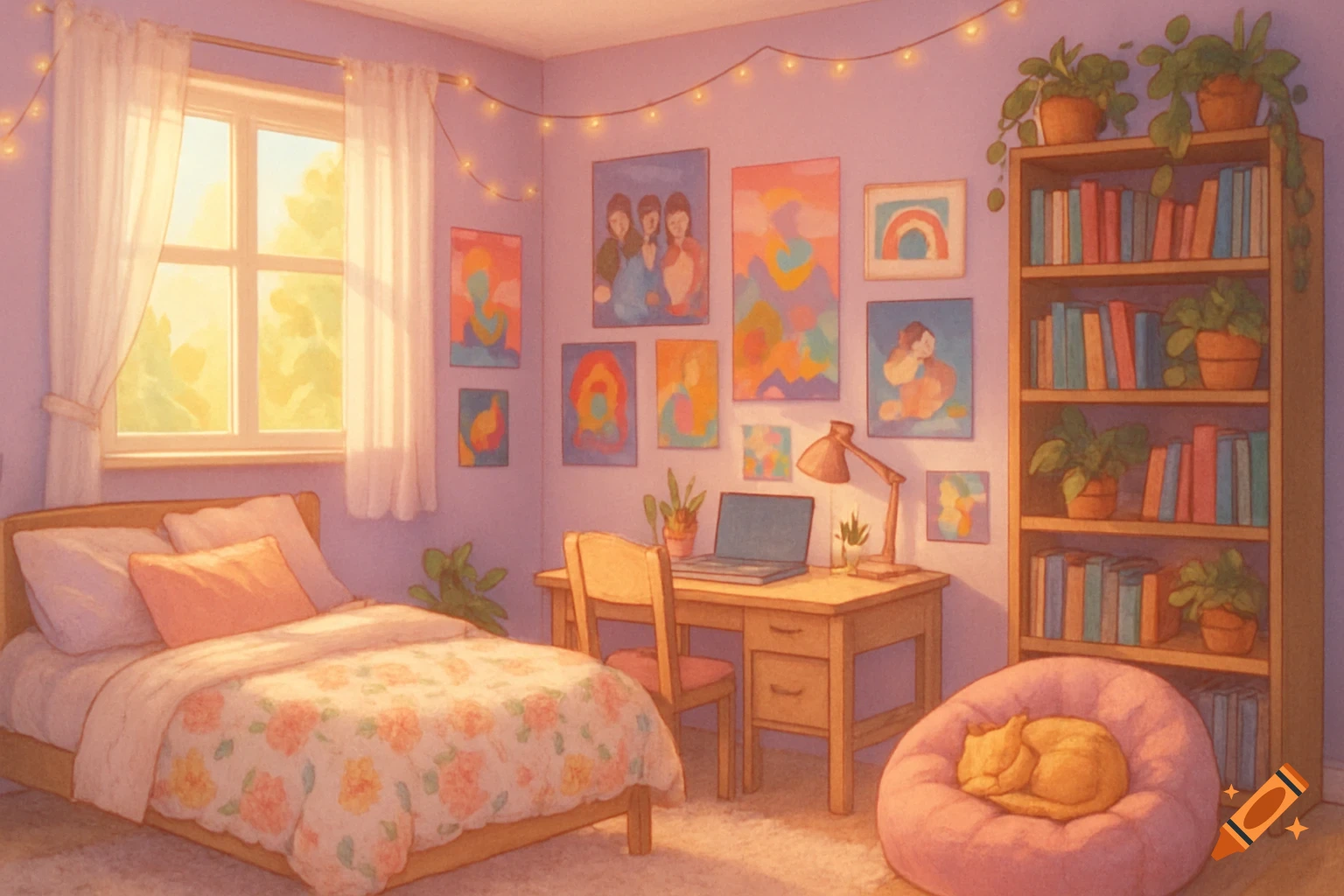 Pastel cozy bedroom with a cat on a beanbag and art on the walls.